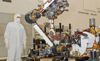 This photograph of the NASA Mars Science Laboratory rover, Curiosity, was taken during testing on June 3, 2011. The location is inside the Spacecraft Assembly Facility at NASA's Jet Propulsion Laboratory, Pasadena, Calif.