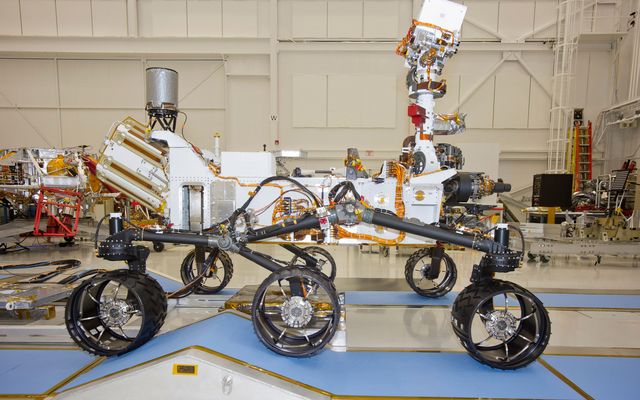 This photograph of the NASA Mars Science Laboratory rover, Curiosity, was taken during mobility testing on June 3, 2011. The location is inside the Spacecraft Assembly Facility at NASA's Jet Propulsion Laboratory, Pasadena, Calif.