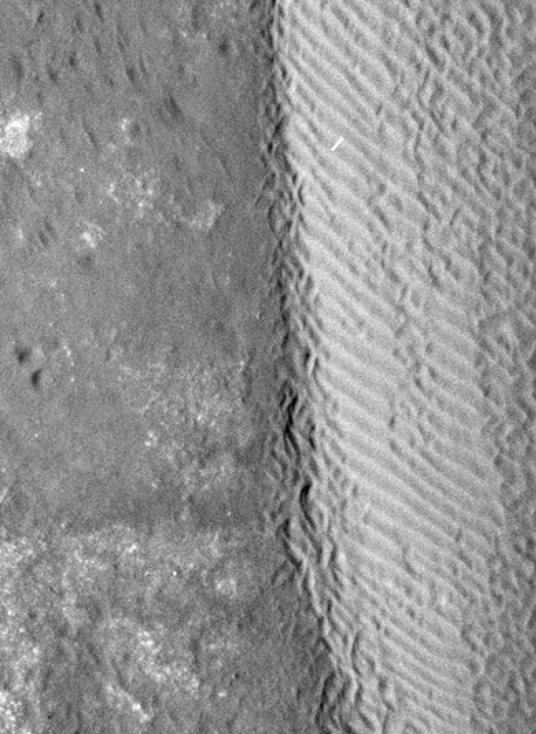 The eastern margin of a rippled dune in Herschel Crater on Mars moved an average distance of three meters (about three yards) between March 3, 2007 and December 1, 2010, as seen by NASA's Mars Reconnaissance Orbiter.