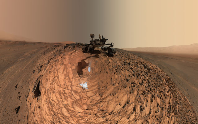 This low-angle self-portrait of NASA's Curiosity Mars rover from Aug. 5, 2015, shows the vehicle above the "Buckskin" rock target in the "Marias Pass" area of lower Mount Sharp. The MAHLI camera on Curiosity's robotic arm took dozens of images that were stitched together into this sweeping panorama.