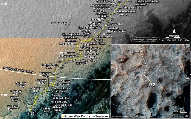 This map shows the route driven by NASA's Mars rover Curiosity through the 1172 Martian day, or sol, of the rover's mission on Mars (November, 23, 2015).