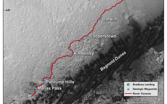 This map shows the route driven by NASA's Curiosity Mars rover from the location where it landed in August 2012 to its location in mid-November 2015, approaching examples of dunes in the "Bagnold Dunes" dune field.