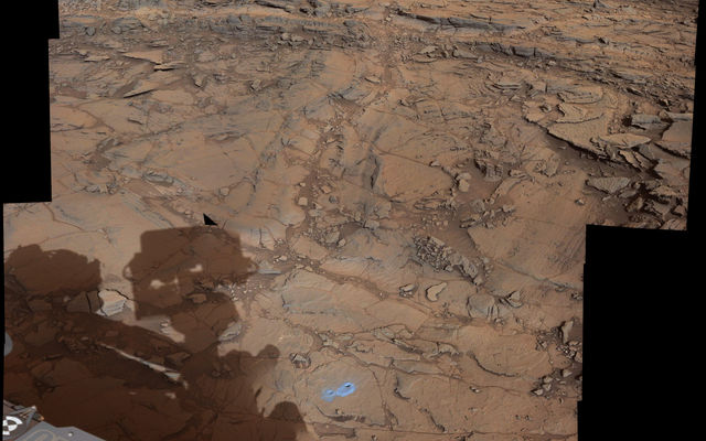 This view from the Mast Camera (Mastcam) on NASA's Curiosity Mars rover covers an area in "Bridger Basin" that includes the locations where the rover drilled a target called "Big Sky" on the mission's Sol 1119 (Sept. 29, 2015) and a target called "Greenhorn" on Sol 1137 (Oct. 18, 2015).