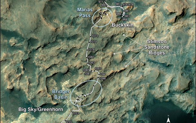This map shows the route on lower Mount Sharp that NASA's Curiosity followed between April 19, 2015, and Nov. 5, 2015.