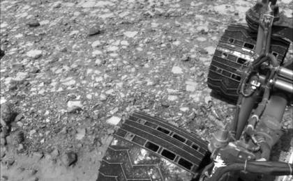 NASA's Curiosity Mars rover used its Navigation Camera (Navcam) to capture this view partway back down a slope it climbed toward "Marias Pass" on lower Mount Sharp.