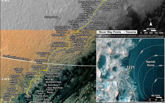 This map shows the route driven by NASA's Mars rover Curiosity through the 1221 Martian day, or sol, of the rover's mission on Mars (January, 13, 2016).