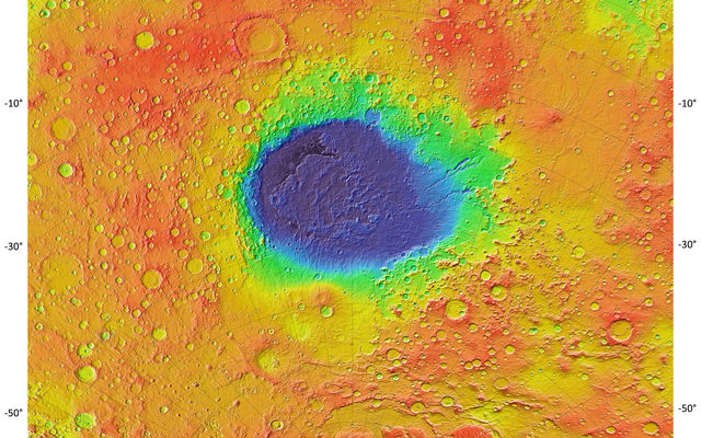 Hellas, the deepest basin on Mars, lies in the southern hemisphere, south of Syrtis Major Planum.