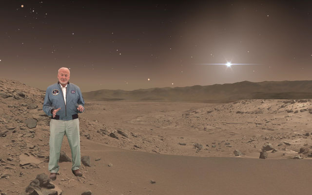 Buzz Aldrin, an Apollo 11 astronaut who walked on the moon, makes a holographic appearance in 'Destination: Mars,' a mixed-reality tour of a part of Mars that NASA's Curiosity rover has explored.