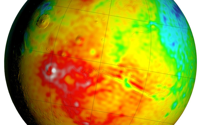This Mars map shows variations in thickness of the planet's crust, the relatively thin surface layer overlying the mantle of the planet. It shows unprecedented detail derived from new mapping of variations in Mars' gravitational pull on orbiters.