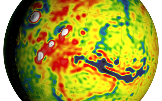 This map shows unprecedented detail of local variations in Mars' gravitational pull on orbiters. The gravitational mapping has been applied to map variations in the thickness of the planet's crust and to deduce information about its deeper interior.