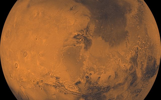 About 1000 Viking Orbiter red- and violet-filter images have been processed to provide global color coverage of Mars at a scale of 1 km/pixel.