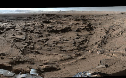 This 360-degree panorama from the Mastcam on NASA's Curiosity Mars rover shows the rugged surface of 'Naukluft Plateau' plus upper Mount Sharp at right and part of the rim of Gale Crater. The April 4, 2016, scene is dominated by eroded remnants of a finely layered ancient sandstone deposit.