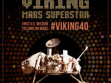 Anniversary artwork of NASA Viking 1 Lander or Viking 2 Lander on Mars.  Infographic text:  Viking Mars Superstar.  First U.S. mission to land on Mars. #viking40