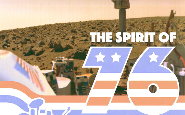Anniversary artwork of NASA Viking 1 and Viking 2 Landers and Orbiters.  Infographic text: The Spirit of 76.  Mars Viking.  A True Pioneer. #viking40