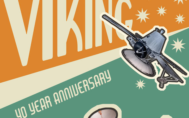 Anniversary artwork of NASA Viking 1 and Viking 2 Orbiters and Landers.  Infographic text: Viking 40 Year Anniversary.  1976.  #viking40
