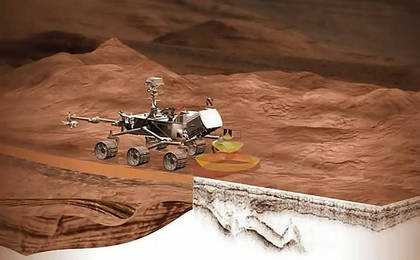 This artist concept shows the location of the RIMFAX instrument on the next rover scheduled to launch for Mars.
