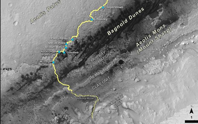 This map shows the route driven by NASA's Curiosity Mars rover from the location where it landed in August 2012 to its location in September 2016 at "Murray Buttes," and the path planned for reaching destinations at "Hematite Unit" and "Clay Unit" on lower Mount Sharp.