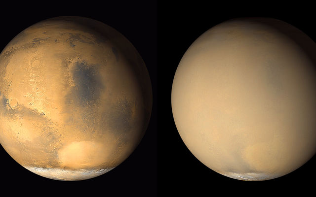 Two 2001 images from the Mars Orbiter Camera on NASA's Mars Global Surveyor orbiter show a dramatic change in the planet's appearance when haze raised by dust-storm activity in the south became globally distributed. The images were taken about a month apart.