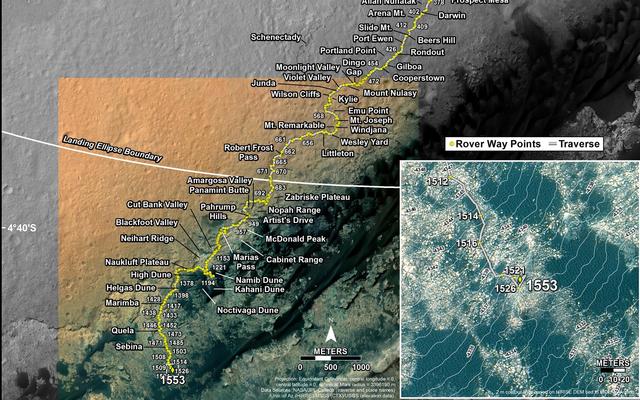 This map shows the route driven by NASA's Mars rover Curiosity through the 1553 Martian day, or sol, of the rover's mission on Mars (December 19, 2016).
