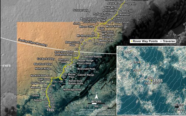 This map shows the route driven by NASA's Mars rover Curiosity through the 1555 Martian day, or sol, of the rover's mission on Mars (December 21, 2016).