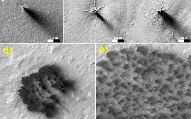 These five images from the HiRISE camera on NASA's Mars Reconnaissance Orbiter show different Martian features of progressively greater size and complexity, all thought to result from thawing of seasonal carbon dioxide ice that covers large areas near Mars' south pole during winter.