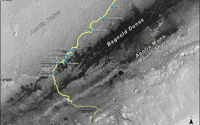 This map shows the route driven by NASA's Curiosity Mars rover from the location where it landed in August 2012 to its location in December 2016, which is in the upper half of a geological unit called the Murray formation, on lower Mount Sharp.