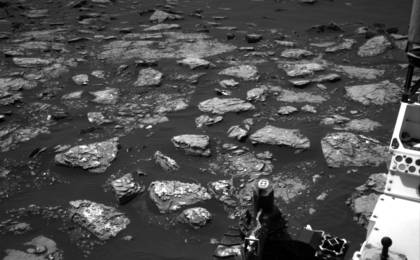This view from the Navigation Camera (Navcam) on the mast of  NASA's Curiosity Mars rover shows rocky ground within view while the rover was  working at an intended drilling site called &quot;Precipice&quot; on lower  Mount Sharp.