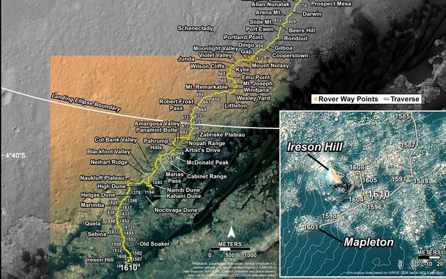 This map shows the route driven by NASA's Mars rover Curiosity through the 1610 Martian day, or sol, of the rover's mission on Mars (February 15, 2017).