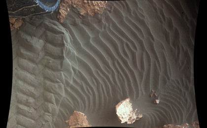 This pair of images shows effects of one Martian day of wind blowing sand underneath NASA's Curiosity Mars rover on a non-driving day for the rover. Each image was taken just after sundown by the rover's Mars Descent Imager (MARDI). The area of ground shown spans about 3 feet left-to-right.