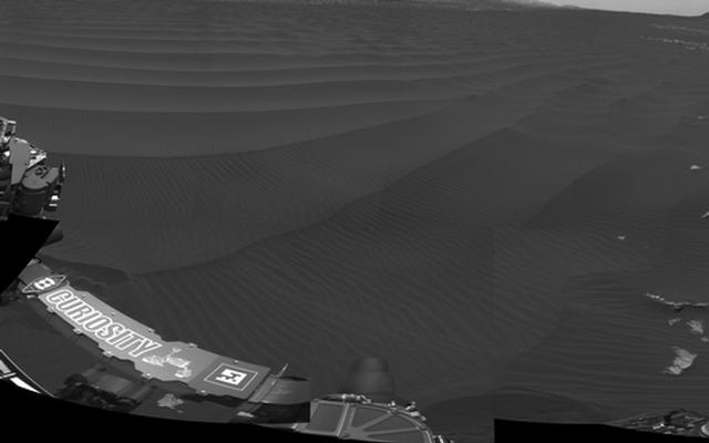 The left side of this 360-degree panorama from NASA's Curiosity Mars rover shows the long rows of ripples on a linear shaped dune in the Bagnold Dune Field on the northwestern flank of Mount Sharp. The rover's Navigation Camera recorded the component images of this mosaic on Feb. 5, 2017.
