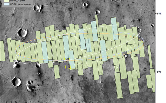 This map shows the footprints of images taken by the HiRISE camera on NASA's Mars Reconnaissance Orbiter as part of advance analysis of the area where NASA's InSight mission will land in 2018. The final planned image of the set will fill in the yellow-outlined rectangle on March 30, 2017.