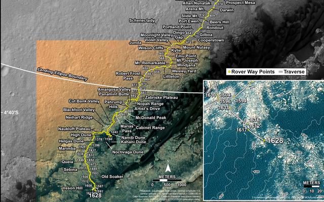 This map shows the route driven by NASA's Mars rover Curiosity through the 1628 Martian day, or sol, of the rover's mission on Mars (March 06, 2017).