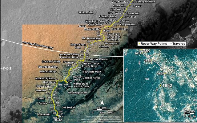 This map shows the route driven by NASA's Mars rover Curiosity through the 1632 Martian day, or sol, of the rover's mission on Mars (March 10, 2017).
