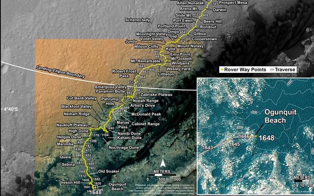 This map shows the route driven by NASA's Mars rover Curiosity through the 1648 Martian day, or sol, of the rover's mission on Mars (March 27, 2017).