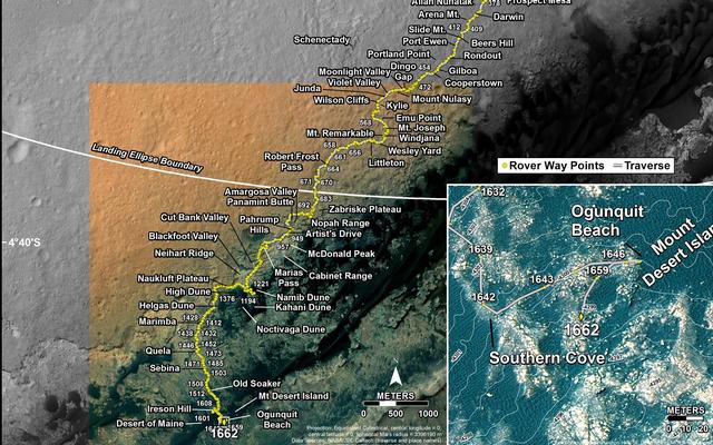 This map shows the route driven by NASA's Mars rover Curiosity through the 1662 Martian day, or sol, of the rover's mission on Mars (April 10, 2017).