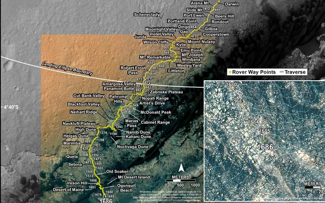 This map shows the route driven by NASA's Mars rover Curiosity through the 1686 Martian day, or sol, of the rover's mission on Mars (May 04, 2017).