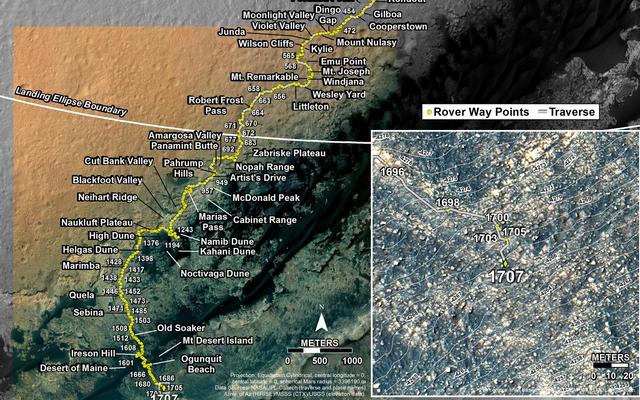 This map shows the route driven by NASA's Mars rover Curiosity through the 1707 Martian day, or sol, of the rover's mission on Mars (May 26, 2017).