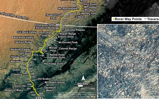 This map shows the route driven by NASA's Mars rover Curiosity through the 1712 Martian day, or sol, of the rover's mission on Mars (May 31, 2017).