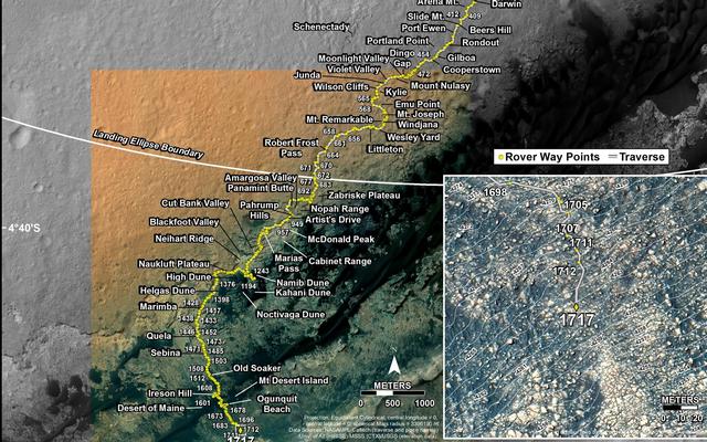 This map shows the route driven by NASA's Mars rover Curiosity through the 1717 Martian day, or sol, of the rover's mission on Mars (June 05, 2017).