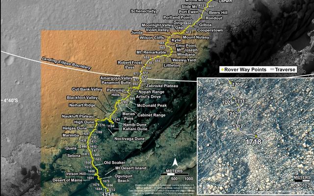 This map shows the route driven by NASA's Mars rover Curiosity through the 1718 Martian day, or sol, of the rover's mission on Mars (June 06, 2017).