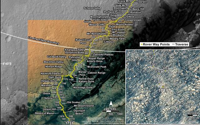 This map shows the route driven by NASA's Mars rover Curiosity through the 1721 Martian day, or sol, of the rover's mission on Mars (June 09, 2017).