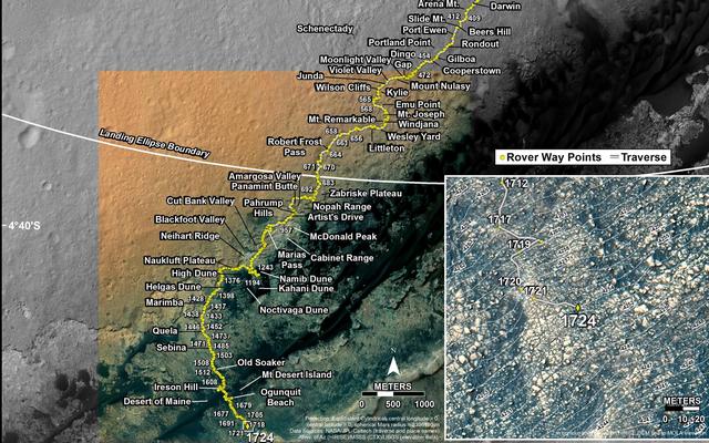 This map shows the route driven by NASA's Mars rover Curiosity through the 1724 Martian day, or sol, of the rover's mission on Mars (June 12, 2017).