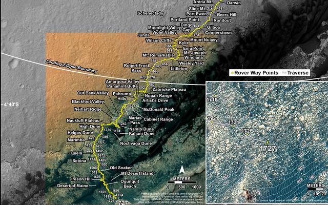 This map shows the route driven by NASA's Mars rover Curiosity through the 1727 Martian day, or sol, of the rover's mission on Mars (June 12, 2017).