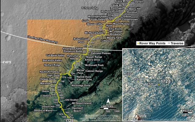 This map shows the route driven by NASA's Mars rover Curiosity through the 1728 Martian day, or sol, of the rover's mission on Mars (June 16, 2017).