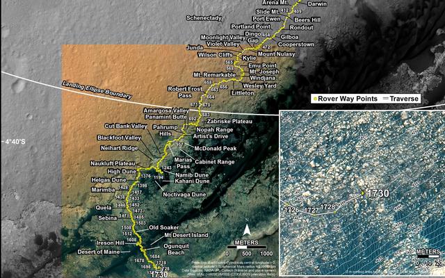 This map shows the route driven by NASA's Mars rover Curiosity through the 1730 Martian day, or sol, of the rover's mission on Mars (June 19, 2017).