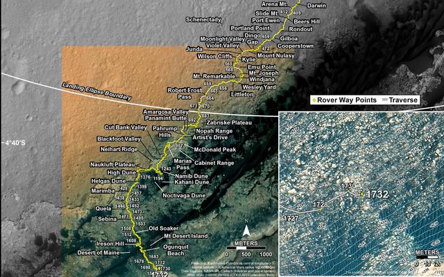 This map shows the route driven by NASA's Mars rover Curiosity through the 1732 Martian day, or sol, of the rover's mission on Mars (June 21, 2017).