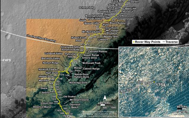 This map shows the route driven by NASA's Mars rover Curiosity through the 1734 Martian day, or sol, of the rover's mission on Mars (June 23, 2017).