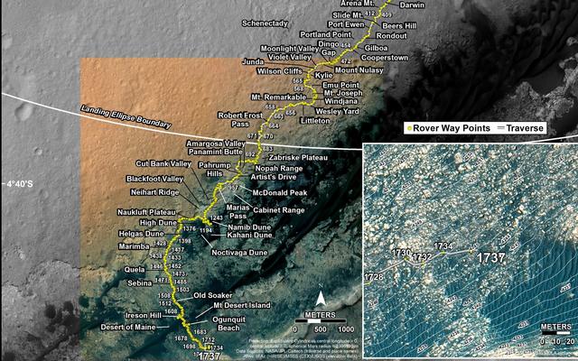 This map shows the route driven by NASA's Mars rover Curiosity through the 1737 Martian day, or sol, of the rover's mission on Mars (June 26, 2017).