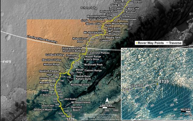 This map shows the route driven by NASA's Mars rover Curiosity through the 1739 Martian day, or sol, of the rover's mission on Mars (June 28, 2017).