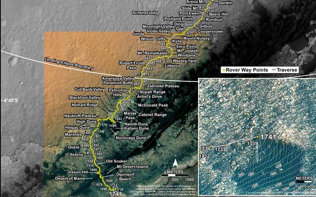 This map shows the route driven by NASA's Mars rover Curiosity through the 1741 Martian day, or sol, of the rover's mission on Mars (June 30, 2017).